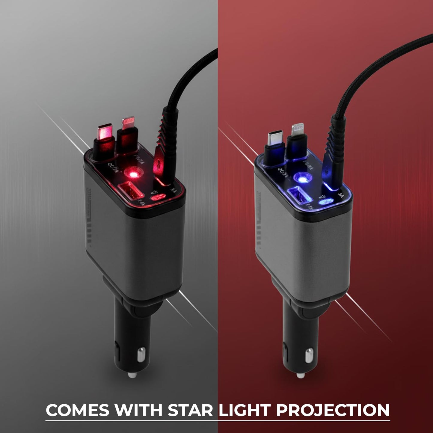 120W Retractable Car Charger with Starlight, 4 in 1 Car Phone Charger with Ceiling Ambient Light for iPhone 15/14/13/12/11 and Android