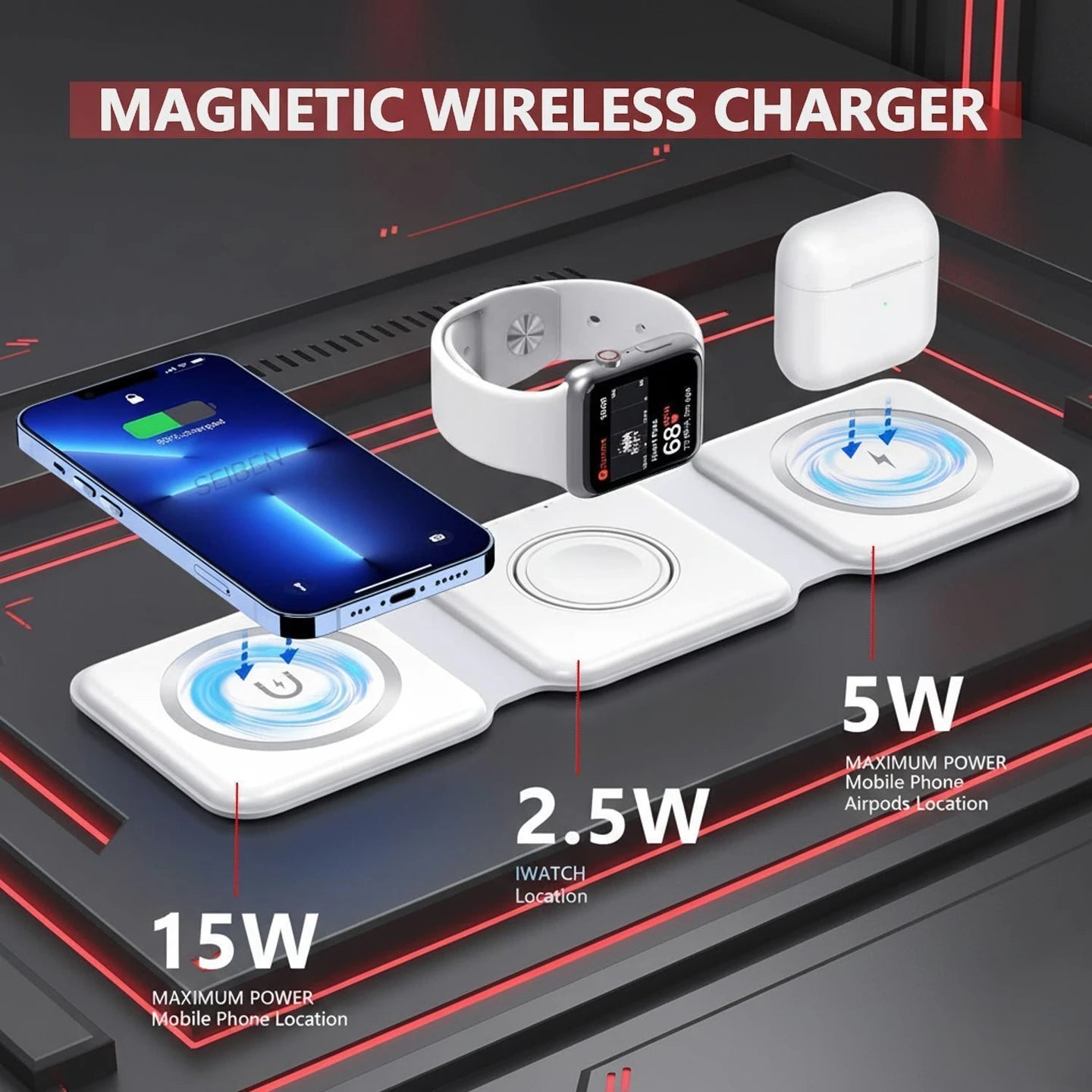 Gizmophy 15W MagSafe Magnetic 3-in-1 Wireless Charger: 3-Way Foldable Charging Station Charging Pad