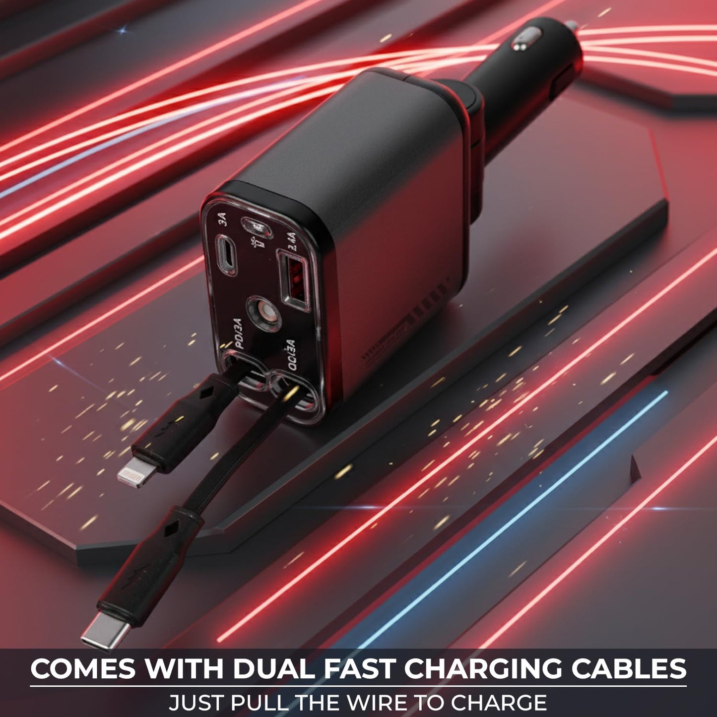120W Retractable Car Charger with Starlight, 4 in 1 Car Phone Charger with Ceiling Ambient Light for iPhone 15/14/13/12/11 and Android