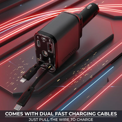 120W Retractable Car Charger with Starlight, 4 in 1 Car Phone Charger with Ceiling Ambient Light for iPhone 15/14/13/12/11 and Android