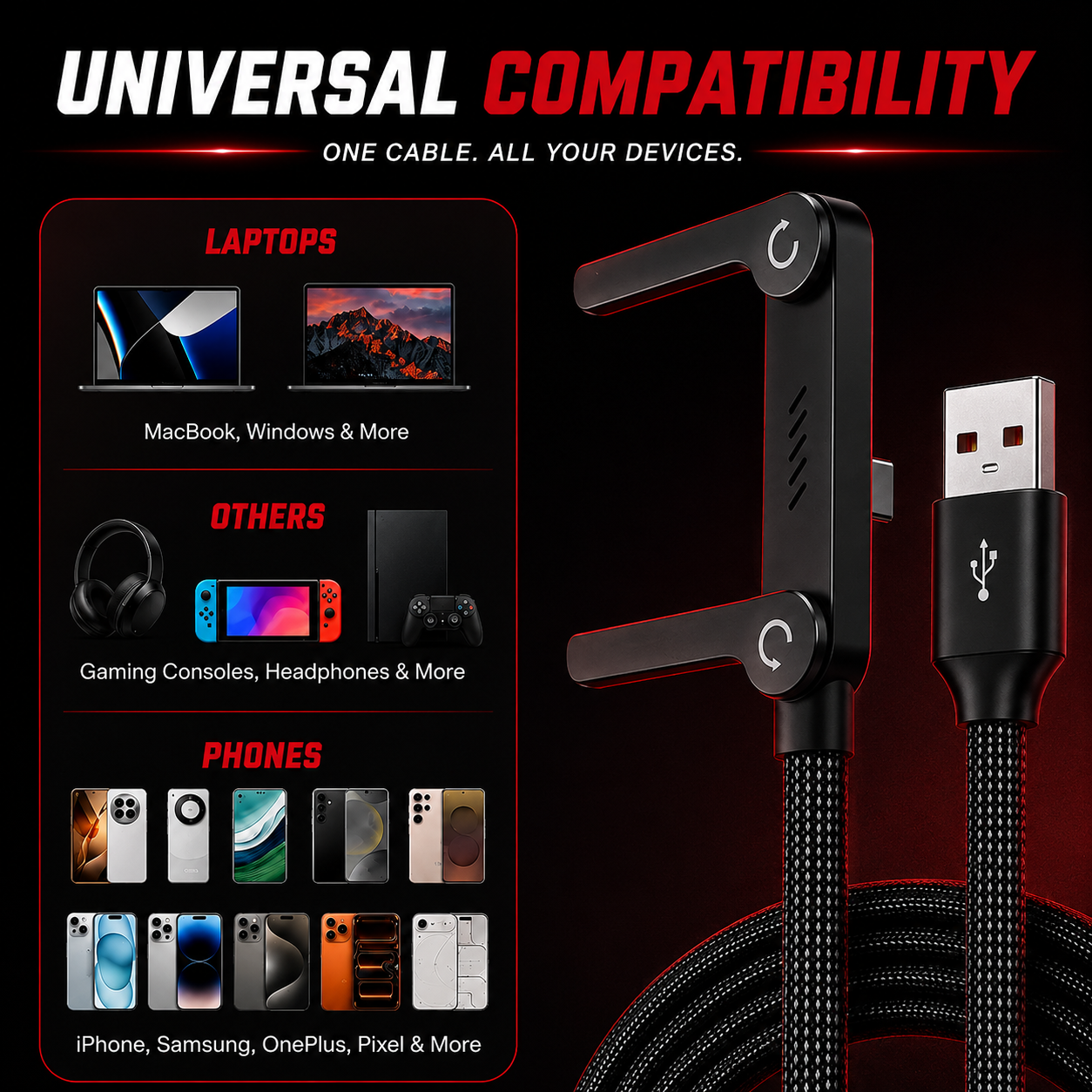 FLEXDOCK 65W Type-A to Type-C Fast Charging Cable with Built-In Stand, Braided Cable, E-Marker Chip, 1.2M (USB Type A)