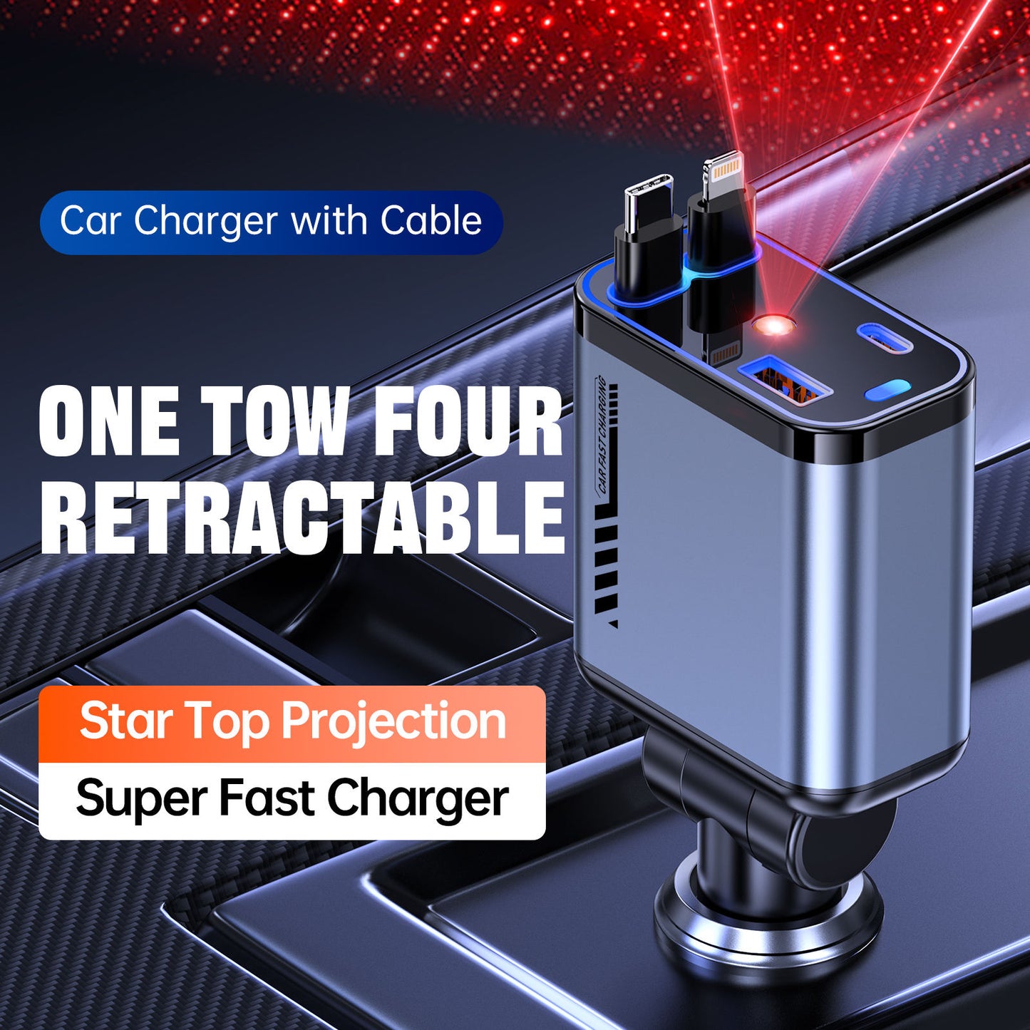 120W Retractable Car Charger with Starlight, 4 in 1 Car Phone Charger with Ceiling Ambient Light for iPhone 15/14/13/12/11 and Android