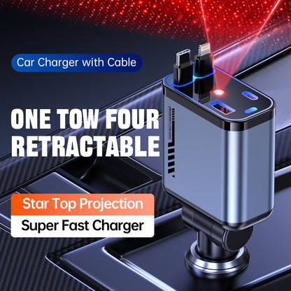 120W Retractable Car Charger with Starlight, 4 in 1 Car Phone Charger with Ceiling Ambient Light for iPhone 15/14/13/12/11 and Android