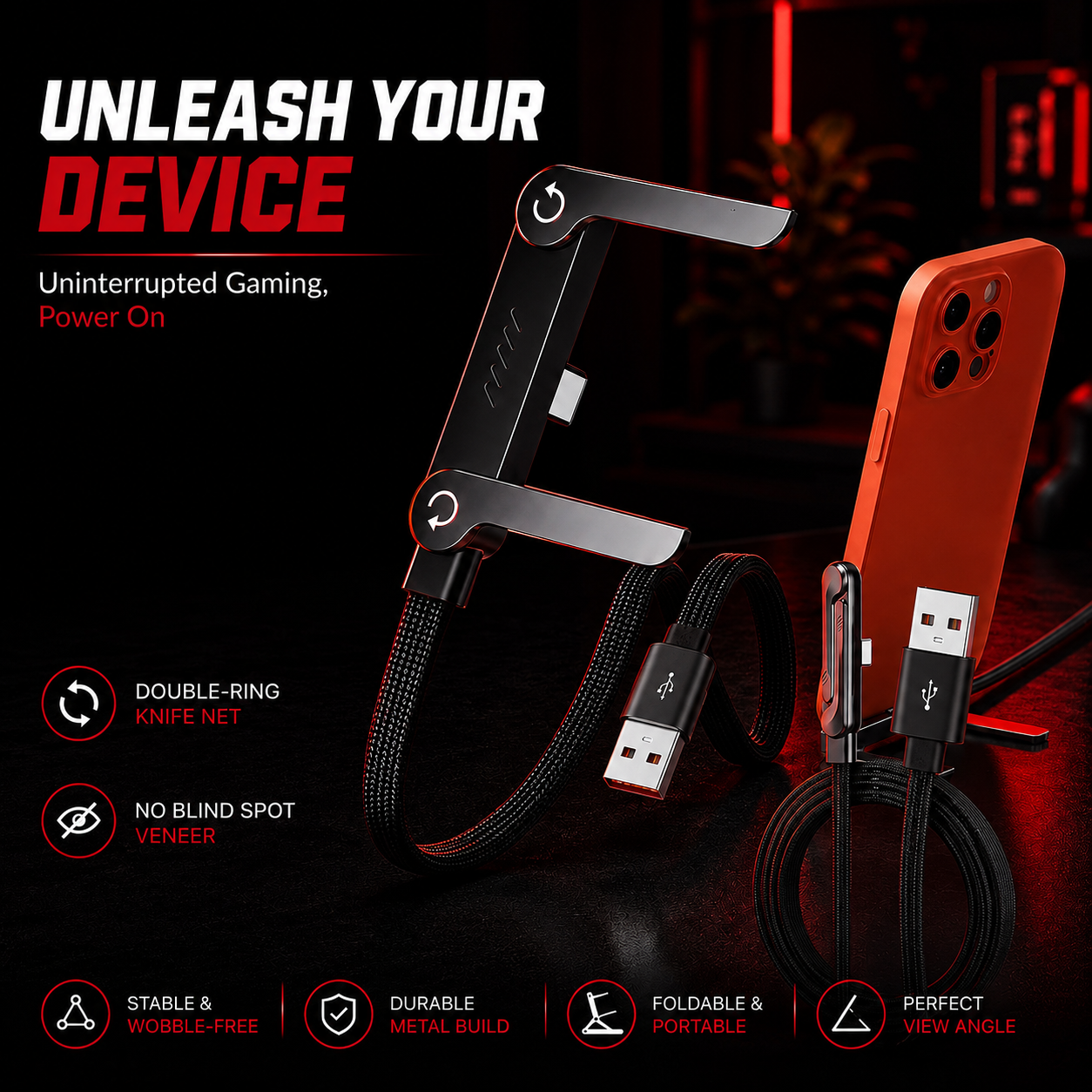 FLEXDOCK 65W Type-A to Type-C Fast Charging Cable with Built-In Stand, Braided Cable, E-Marker Chip, 1.2M (USB Type A)
