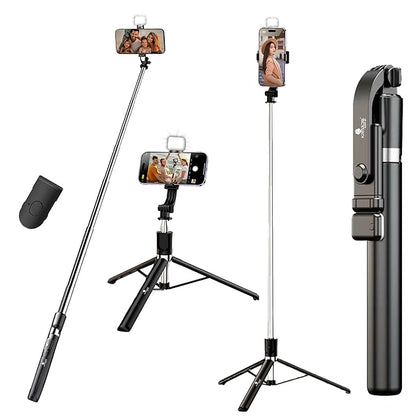 63" Premium Selfie Stick Tripod with Fill Light & Wireless Bluetooth Remote, Heavy Duty Aluminum Stand with 360° Rotation, All-in-One Portable Vlogging & Creator Tool for iPhone & Android
