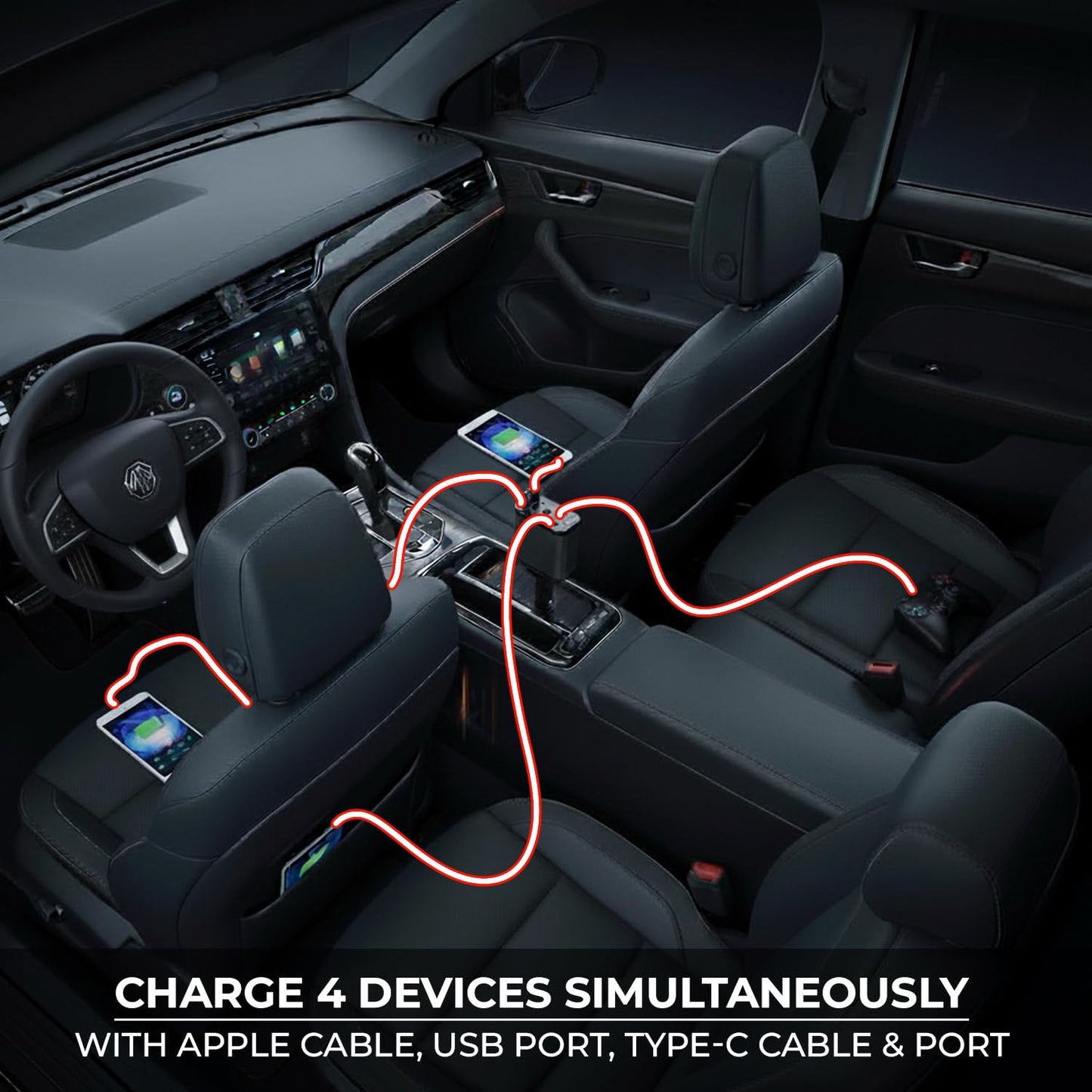 120W Retractable Car Charger with Starlight, 4 in 1 Car Phone Charger with Ceiling Ambient Light for iPhone 15/14/13/12/11 and Android