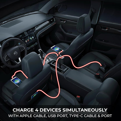 120W Retractable Car Charger with Starlight, 4 in 1 Car Phone Charger with Ceiling Ambient Light for iPhone 15/14/13/12/11 and Android