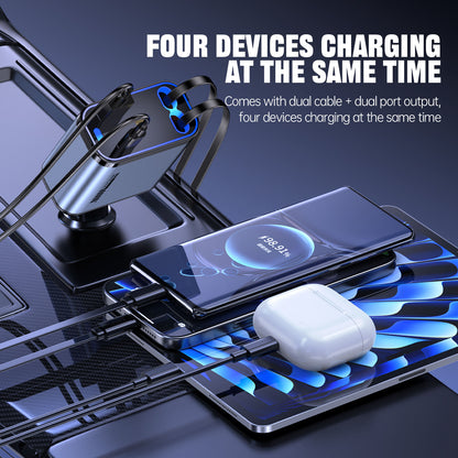 120W Retractable Car Charger with Starlight, 4 in 1 Car Phone Charger with Ceiling Ambient Light for iPhone 15/14/13/12/11 and Android
