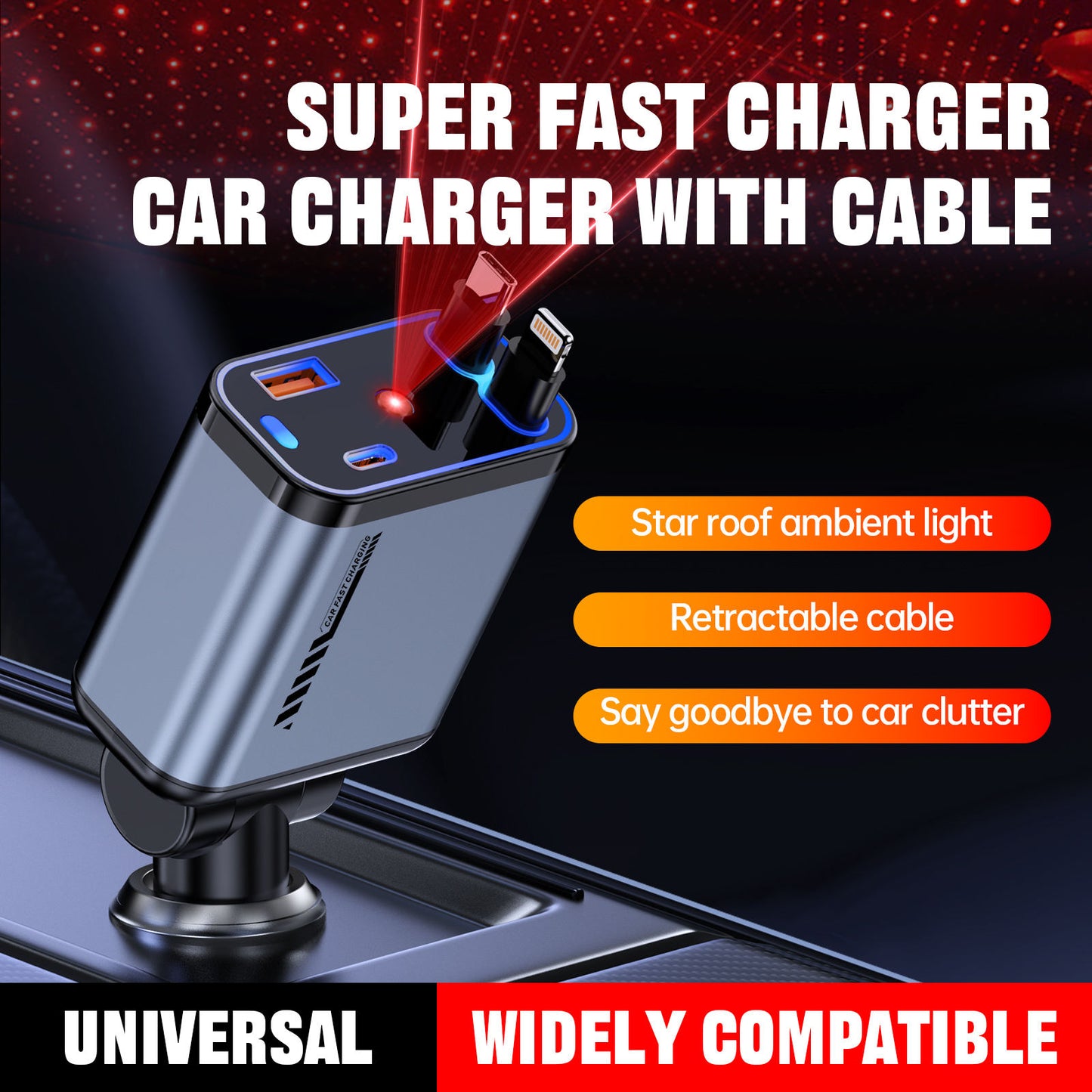 120W Retractable Car Charger with Starlight, 4 in 1 Car Phone Charger with Ceiling Ambient Light for iPhone 15/14/13/12/11 and Android