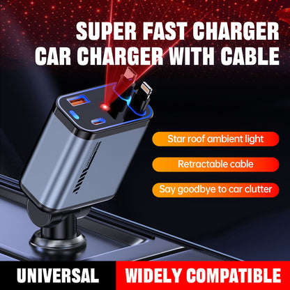 120W Retractable Car Charger with Starlight, 4 in 1 Car Phone Charger with Ceiling Ambient Light for iPhone 15/14/13/12/11 and Android
