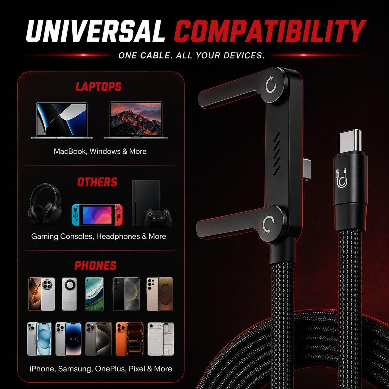 FLEXDOCK 240W Type-C to Type-C Fast Charging Cable with Built-In Stand, Braided Cable, E-Marker Chip, 1.2M