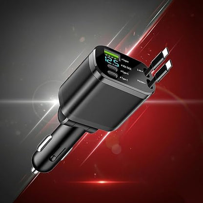 69W Retractable Car Charger | 80cm Retractable USB-C Cables | Plus USB-C & USB-A Ports | Fast Charging for iPhone & Android