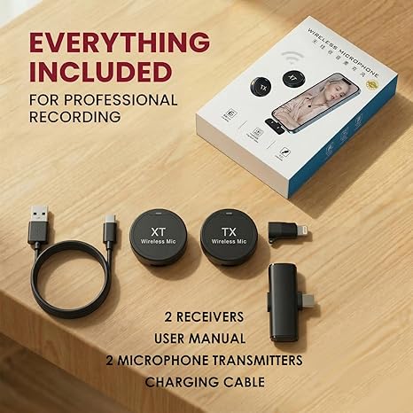 Wireless Magentic Microphone for iPhone/Android/DSLR – 50m Range, Noise Reduction, 7Hr Battery, Plug & Play Type-C & Lightning Converter, Portable Lavalier Mic for Video, Vlogging, Live Streaming