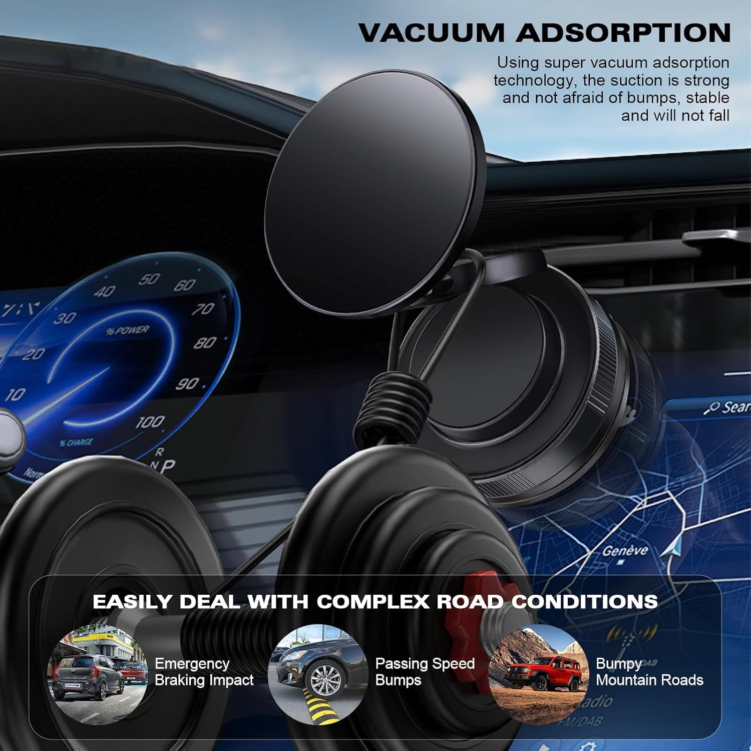 Vacuum Magnetic Phone Mount for Car | 360° Adjustable Suction Holder for Dashboard | Universal for All Smartphones (Black)