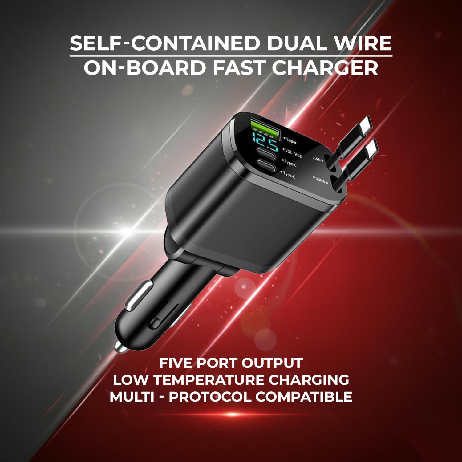 69W Retractable Car Charger | 80cm Retractable USB-C Cables | Plus USB-C & USB-A Ports | Fast Charging for iPhone & Android