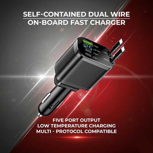 69W Retractable Car Charger | 80cm Retractable USB-C Cables | Plus USB-C & USB-A Ports | Fast Charging for iPhone & Android