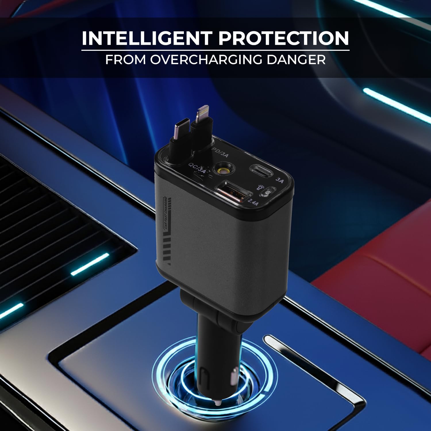 Starlight Retractable Car Charger - Extra-Long Type-C Retractable Cables, 4-in-1 Car Mobile Charger with Starry Sky, 120W Car Fast Charger with Dual USB Port for Android