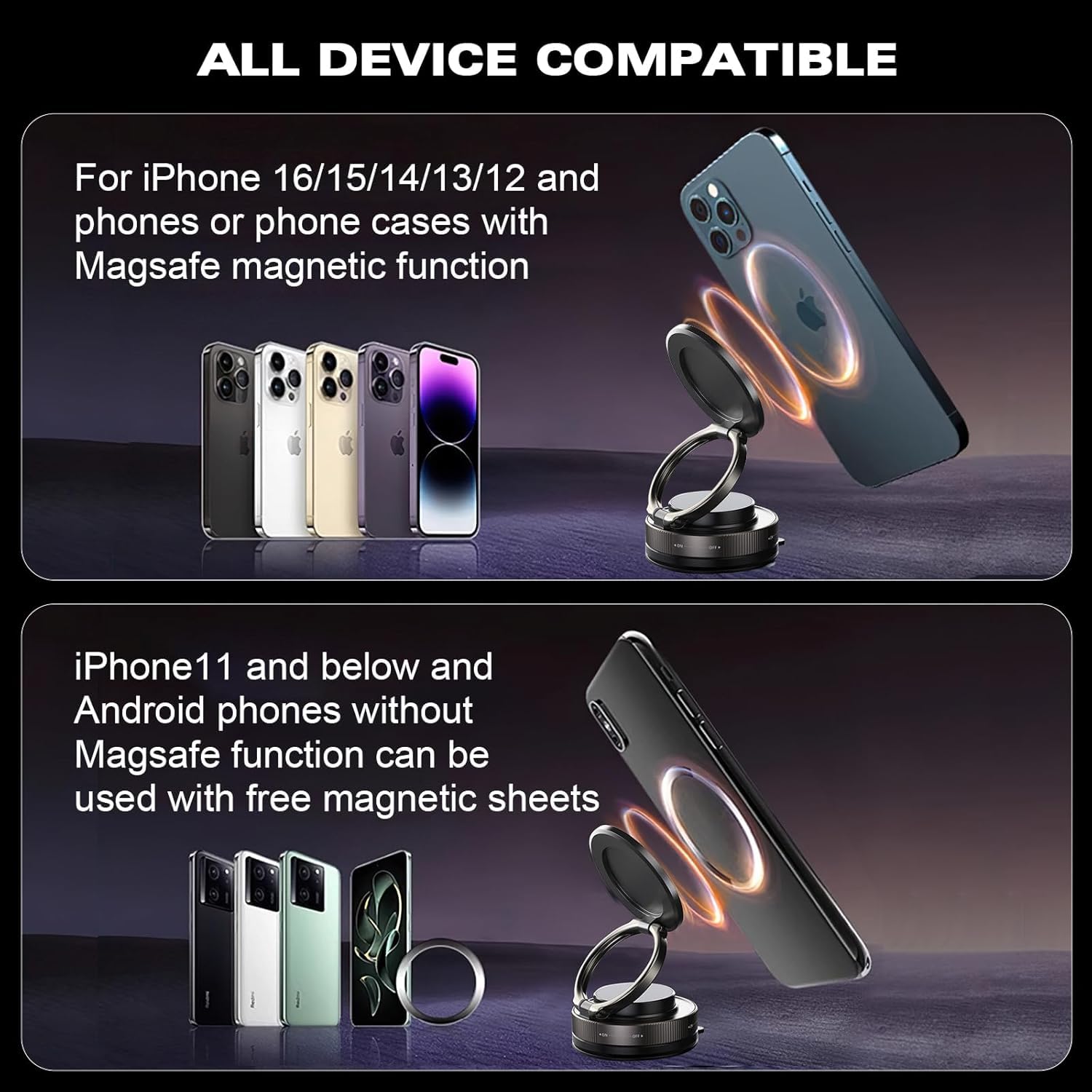 Vacuum Magnetic Phone Mount for Car | 360° Adjustable Suction Holder for Dashboard | Universal for All Smartphones (Black)