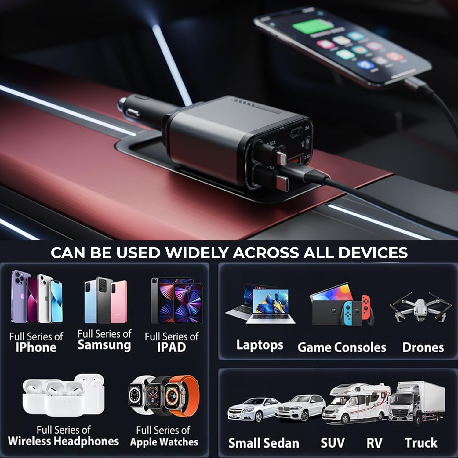 Starlight Retractable Car Charger - Extra-Long Type-C Retractable Cables, 4-in-1 Car Mobile Charger with Starry Sky, 120W Car Fast Charger with Dual USB Port for Android