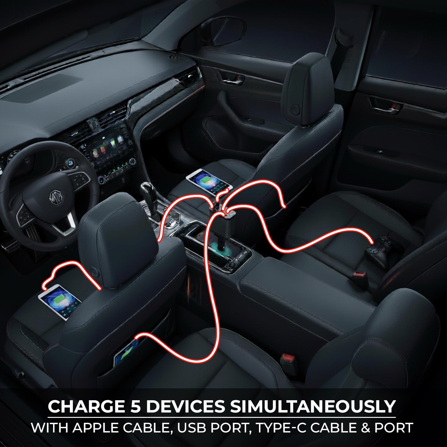 69W Retractable Car Charger | 80cm Retractable USB-C Cables | Plus USB-C & USB-A Ports | Fast Charging for iPhone & Android