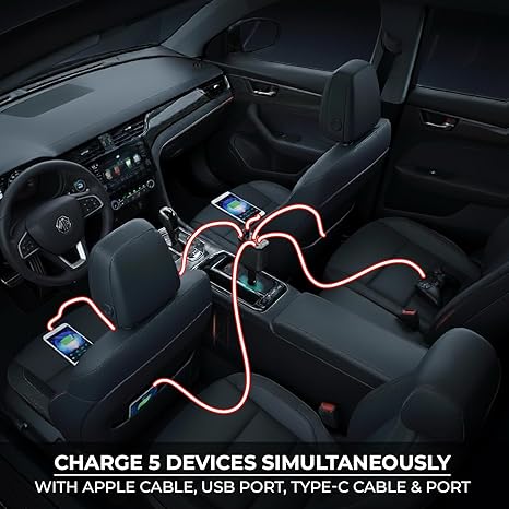 69W Retractable Car Charger | 80cm Retractable USB-C Cables | Plus USB-C & USB-A Ports | Fast Charging for iPhone & Android