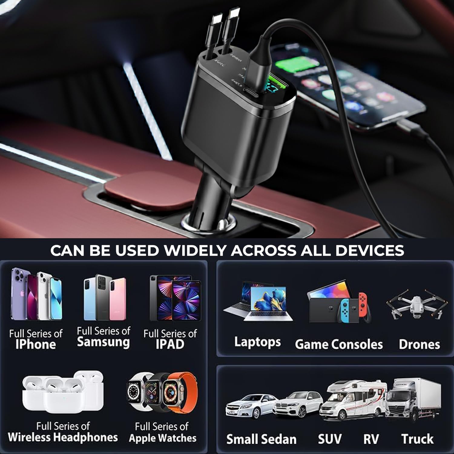 69W Retractable Car Charger | 80cm Retractable USB-C Cables | Plus USB-C & USB-A Ports | Fast Charging for iPhone & Android