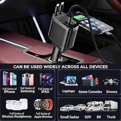 69W Retractable Car Charger | 80cm Retractable USB-C Cables | Plus USB-C & USB-A Ports | Fast Charging for iPhone & Android