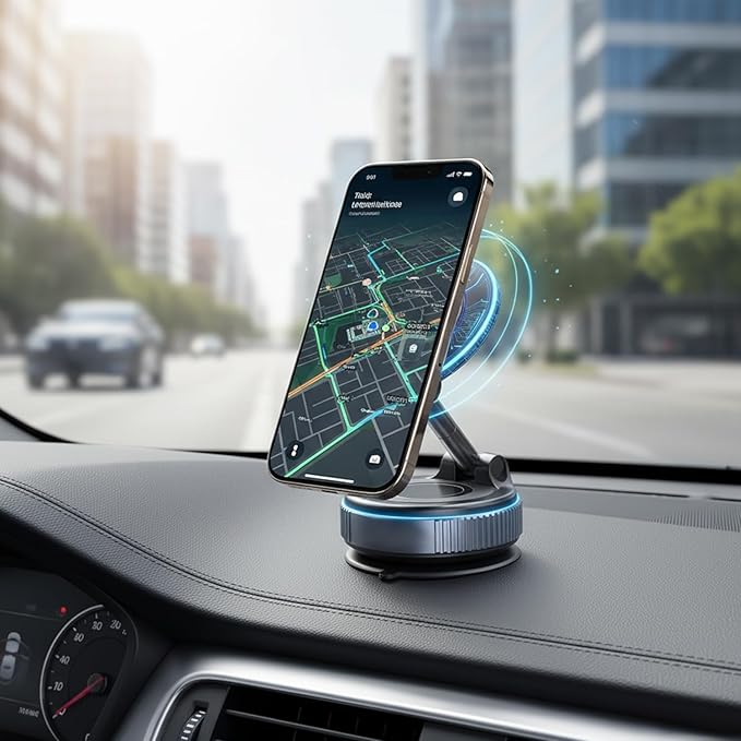 Gizmophy Magnetic Car Mobile Holder with 360° Adjustable Arm, Strong Grip Dashboard Mount, Anti-Slip Base, Universal Smartphone Compatibility, Premium LED Ring Design