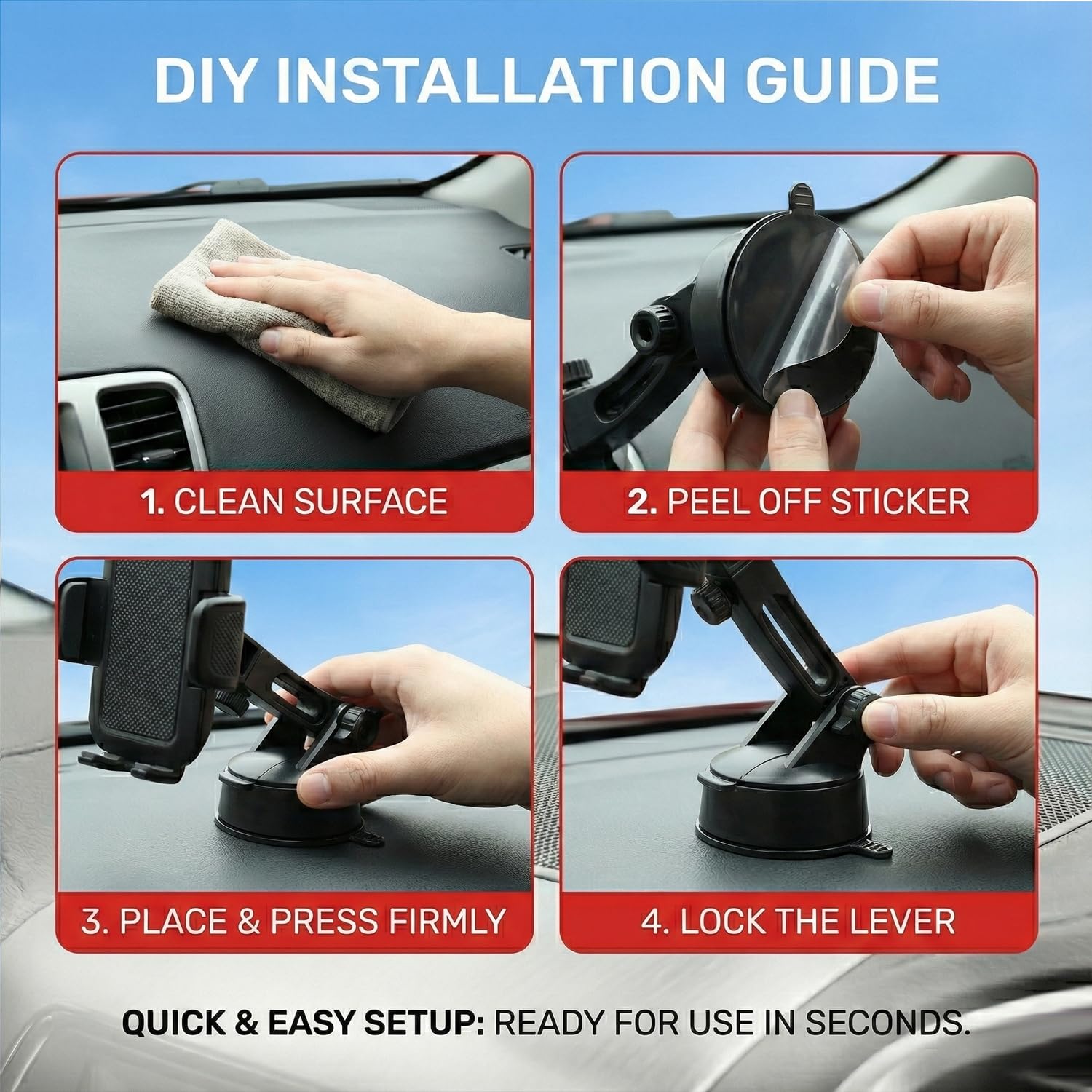 Car Mobile Holder with One-Press Lock & Release | Extendable Telescopic Arm & 360° Rotation | Strong Suction Cup for Dashboard & Windshield