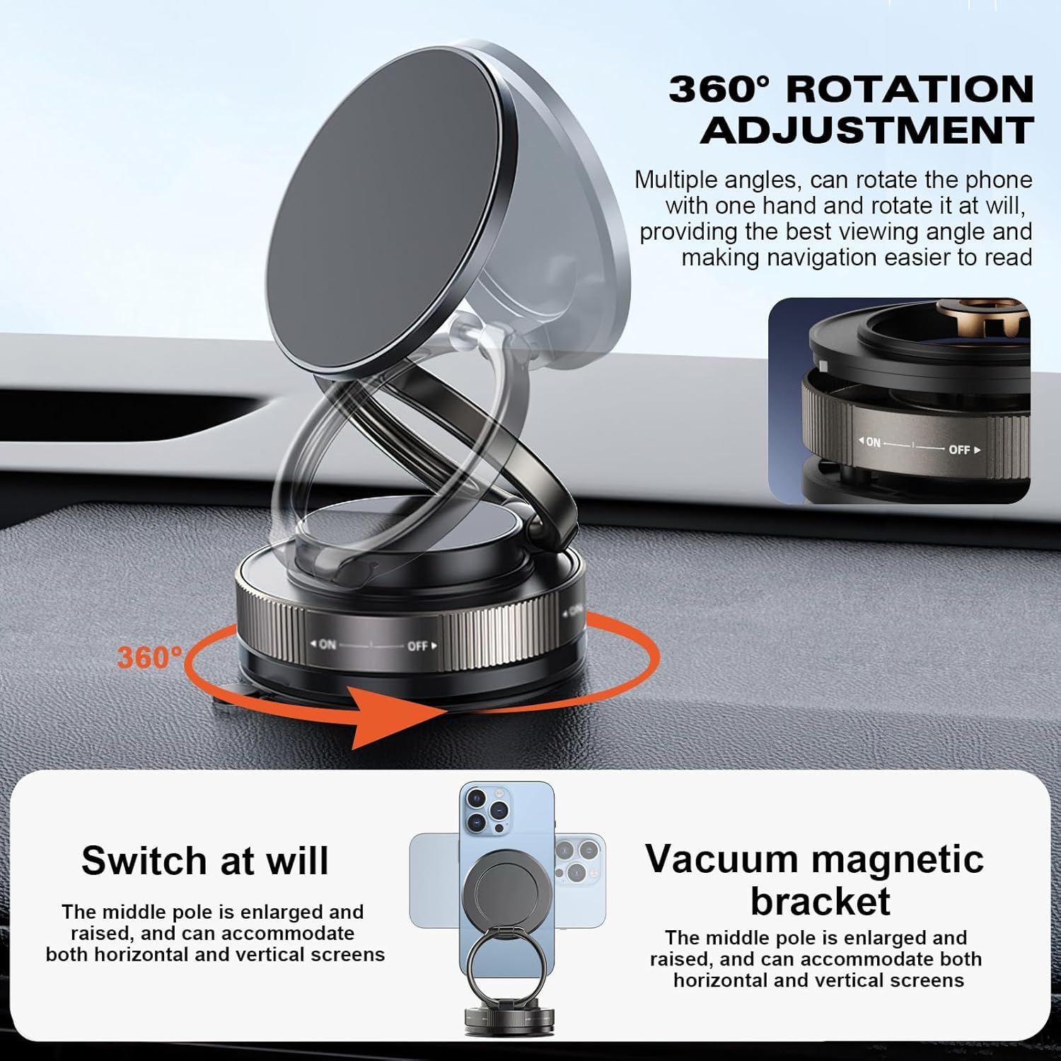 Vacuum Magnetic Phone Mount for Car | 360° Adjustable Suction Holder for Dashboard | Universal for All Smartphones (Black)