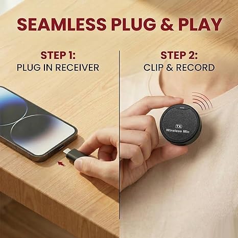 Wireless Magentic Microphone for iPhone/Android/DSLR – 50m Range, Noise Reduction, 7Hr Battery, Plug & Play Type-C & Lightning Converter, Portable Lavalier Mic for Video, Vlogging, Live Streaming