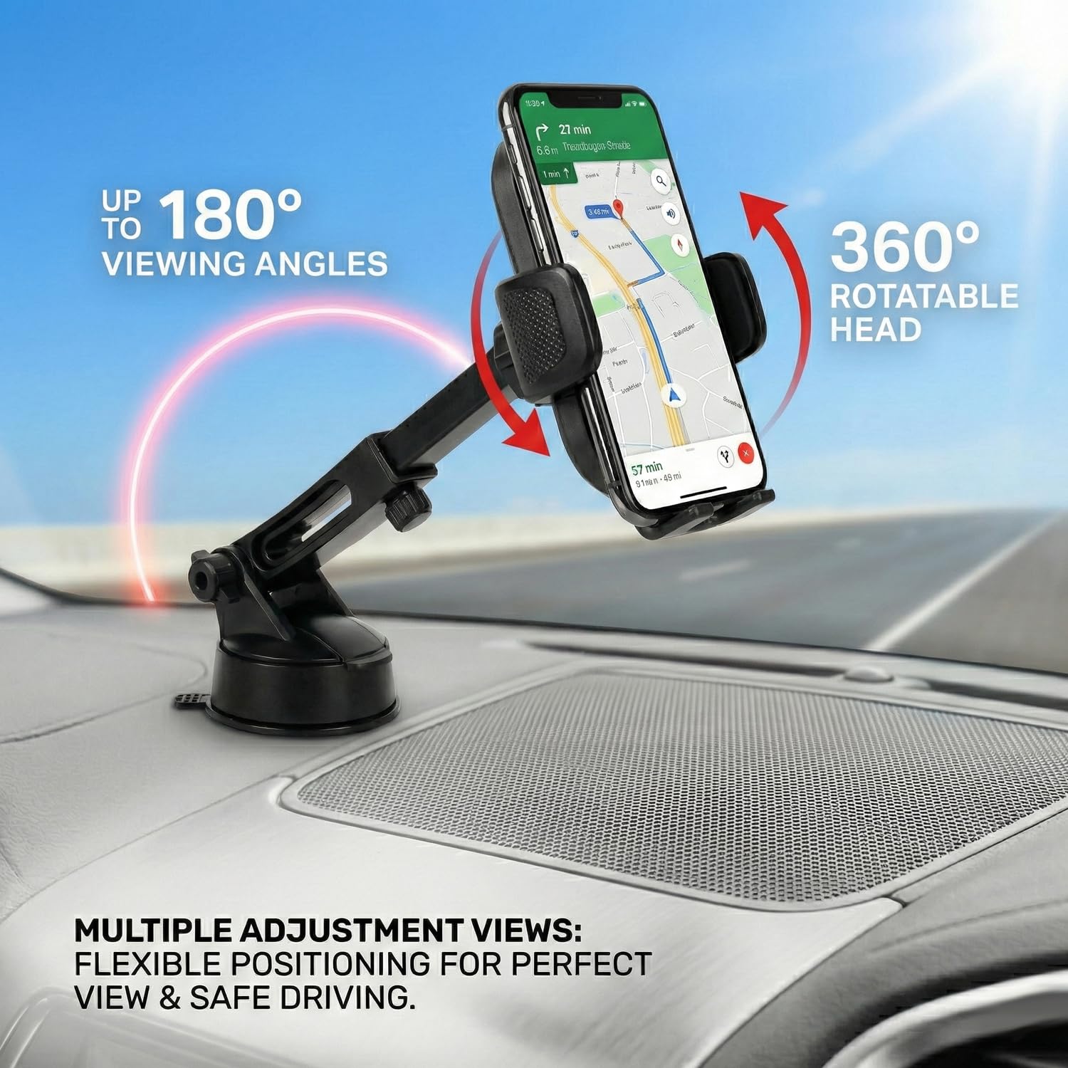 Car Mobile Holder with One-Press Lock & Release | Extendable Telescopic Arm & 360° Rotation | Strong Suction Cup for Dashboard & Windshield
