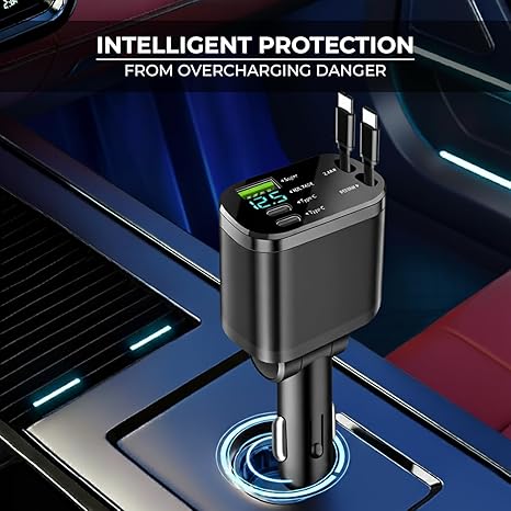 69W Retractable Car Charger | 80cm Retractable USB-C Cables | Plus USB-C & USB-A Ports | Fast Charging for iPhone & Android