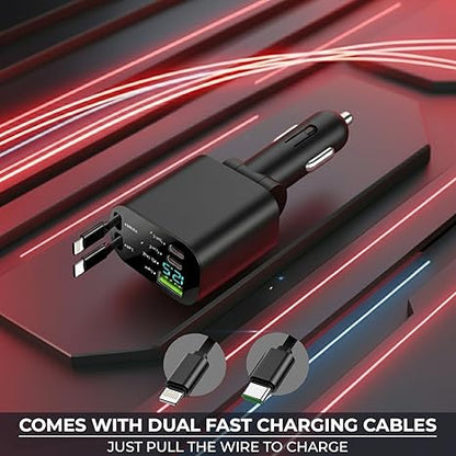 69W Retractable Car Charger | 80cm Retractable USB-C Cables | Plus USB-C & USB-A Ports | Fast Charging for iPhone & Android