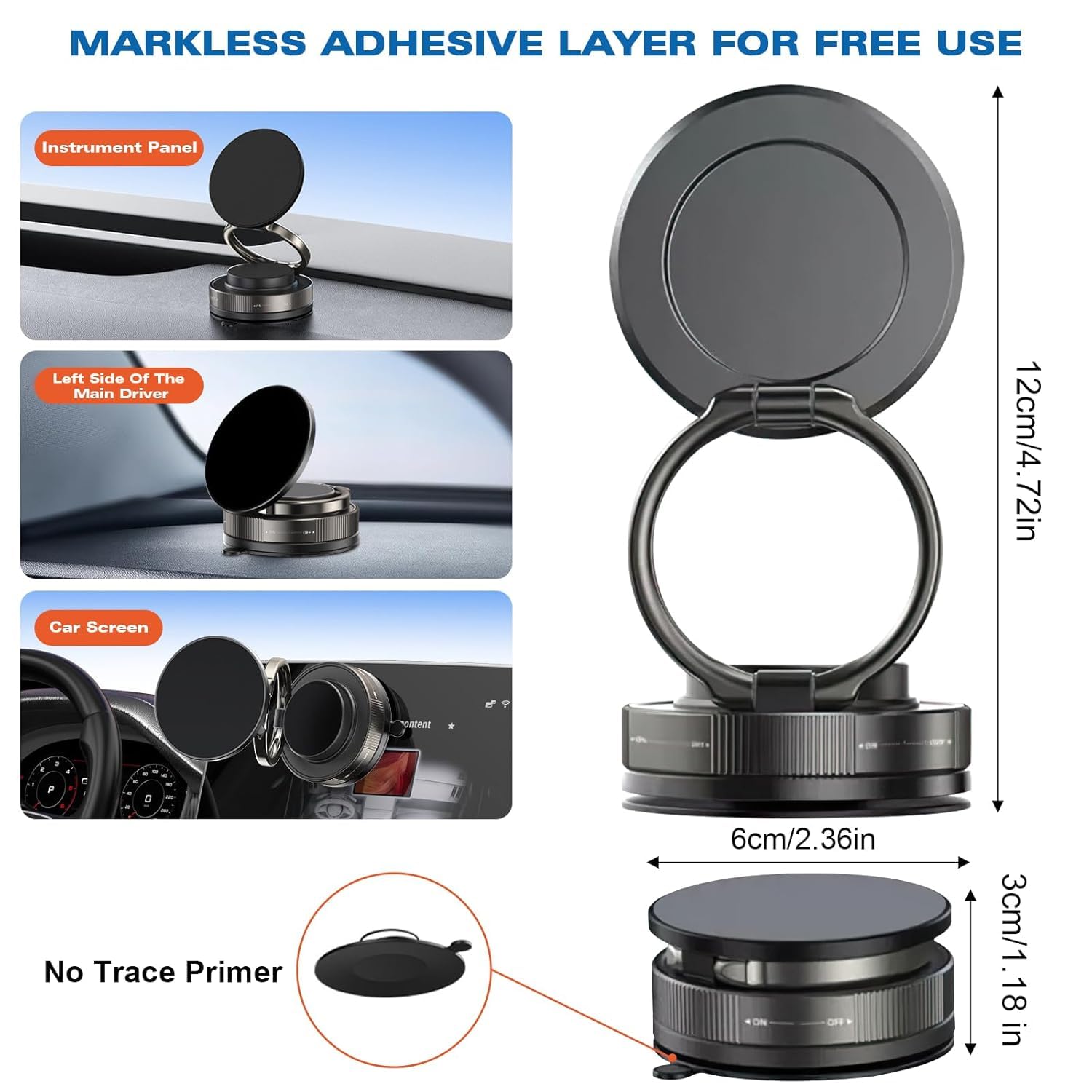 Vacuum Magnetic Phone Mount for Car | 360° Adjustable Suction Holder for Dashboard | Universal for All Smartphones (Black)