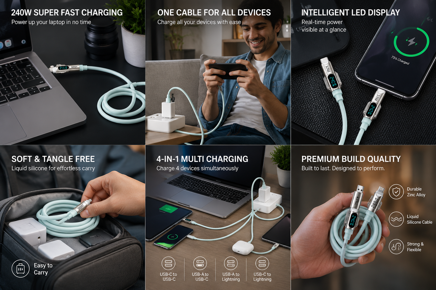 GIZMOPHY Hyperflex 4-in-1 240W Fast Charging Cable with LED CYCLONE Display
