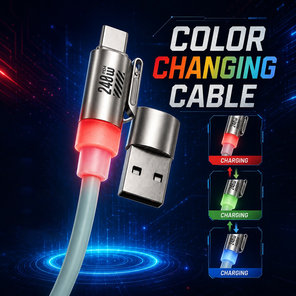 GIZMOPHY Hyperflex 4-in-1 240W Fast Charging Cable with LED CYCLONE Display