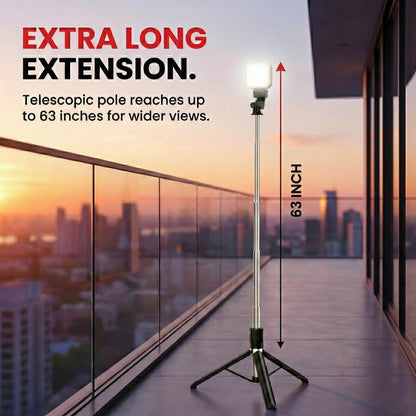 63" Premium Selfie Stick Tripod with Fill Light & Wireless Bluetooth Remote, Heavy Duty Aluminum Stand with 360° Rotation, All-in-One Portable Vlogging & Creator Tool for iPhone & Android